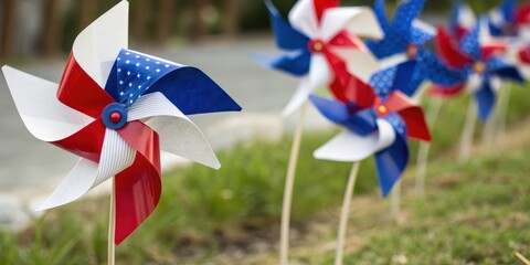 Independence Day USA Concept. Vibrant pinwheels in red, white, and blue spinning against a bright background.