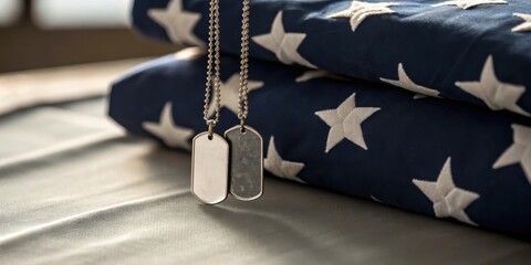 Independence Day USA Concept. Minimalist dog tags hanging from a folded flag in a simple design.