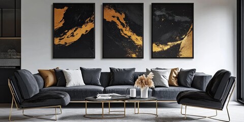 Fluid abstract art with contrasting black and gold hues for an elegant look
