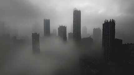 Fototapeta premium Monochromatic urban landscape featuring skyscrapers shrouded in thick fog