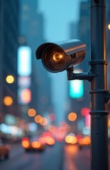 City street security camera surveillance system designed motion face identity detection. Modern cctv camera on blurred background, city lights, traffic. Surveillance, protection tech. Security,