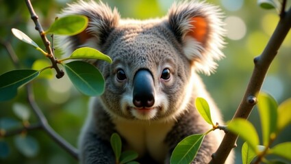 Obraz premium Majestic koloa koloa sitting amongst eucalyptus trees in a lush green forest setting with natural lighting