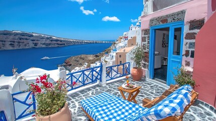 Fototapeta premium Mediterranean Escape: Santorini's Breathtaking View from a Private Balcony