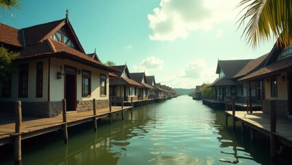 Lush palm trees surrounding a canal with colorful houses creating a tropical paradise in kampong ayer