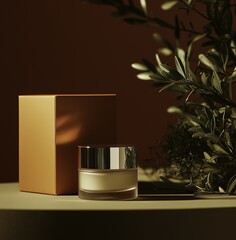 A light brown skincare product in a transparent glass jar with a silver lid