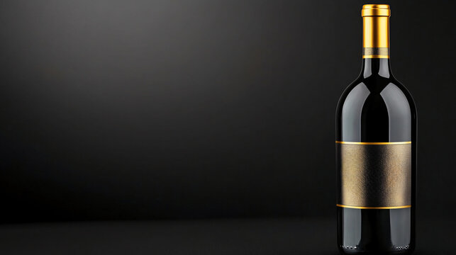 sleek wine bottle with matte black label and gold accents stands against dark background, exuding elegance and luxury. minimalist design highlights sophistication
