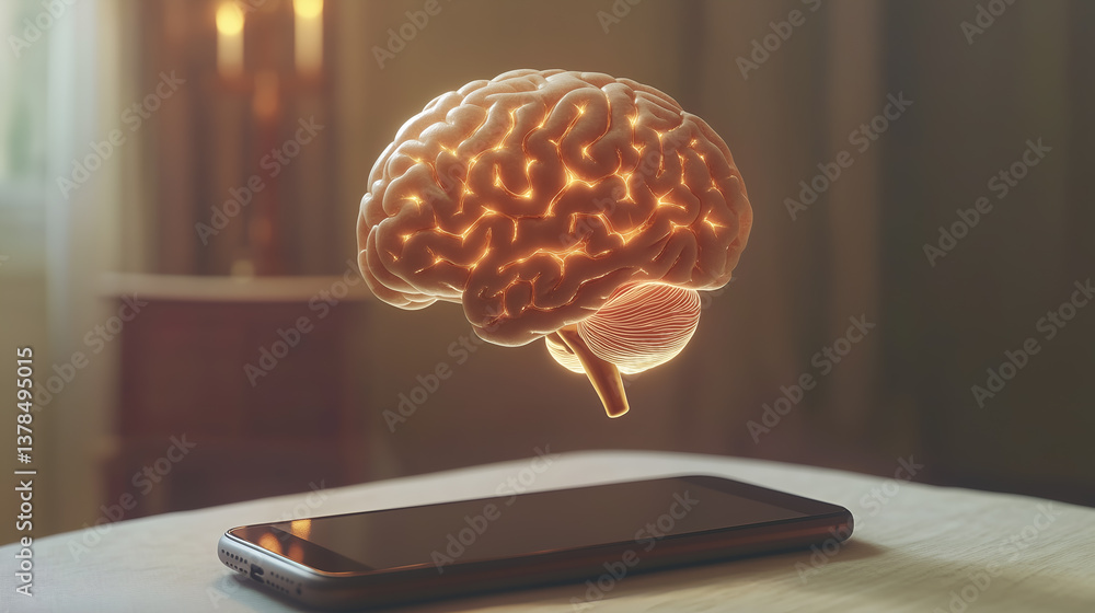 Aufkleber a glowing brain hovering above a smartphone, representing the power of knowledge and connectivity.