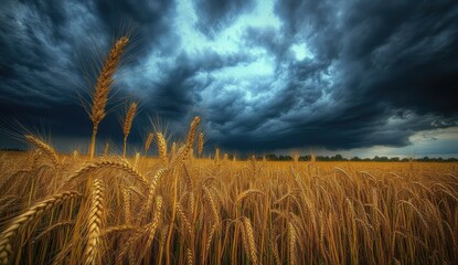 Golden wheat field under a dramatic storm cloud