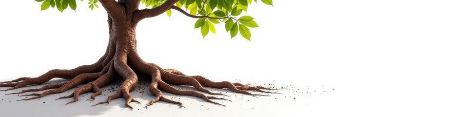 Obraz premium Tree roots exposed in the soil on a white background, branch, tree, brown