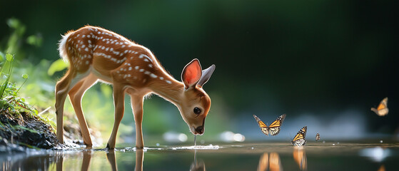 AI generator image of Deer drinking water in a stream near a cabin, stone hut,Forester's Cabin  ,Log cabin by the river in the forest summer