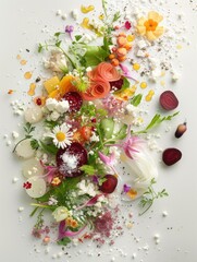 Colorful vegetable arrangement with edible flowers and herbs displayed on a light backdrop
