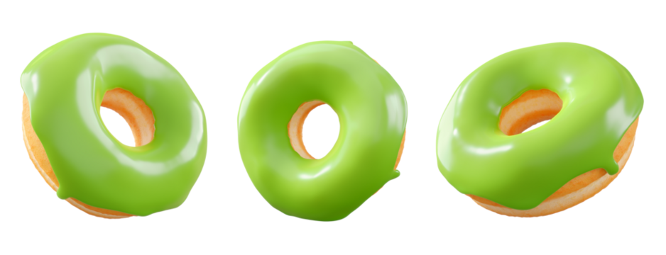 Donuts with green kiwi glaze, sprinkles, white drizzle, and dots isolated on white transparent background. 3d rendering and illustration of dessert variety