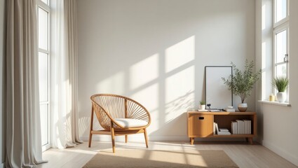 Fototapeta premium Stylish chair in a cozy scandinavian room offering comfort and aesthetic appeal with soft textures and warm lighting