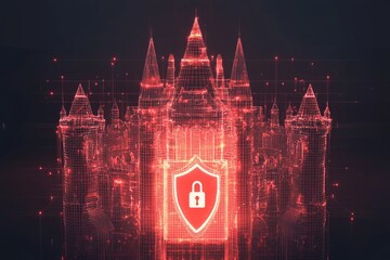 A digital wireframe castle with center glowing with red light, a shield icon with padlock at the front of the castle 
