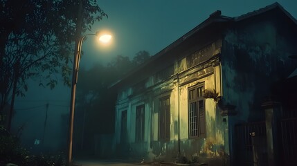 Atmospheric Night Scene Old Building Foggy Street Lamp Light