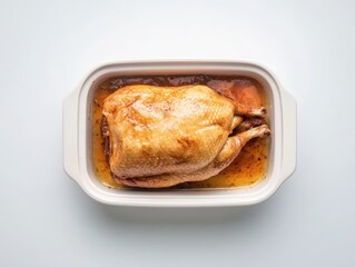 Gourmet Duck Confit in Rendered Fat Served in White Baking Dish Overhead Shot Culinary Delight