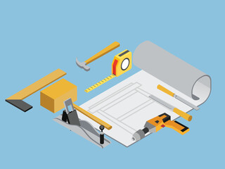 3D Isometric Carpentry Tools and Blueprint