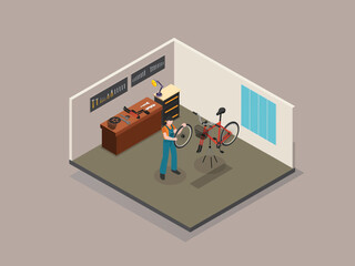 3D Isometric illustration of a bicycle repair shop interior