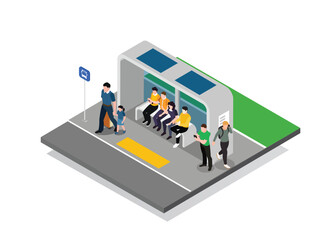 3D Isometric illustration of a modern bus stop with people waiting