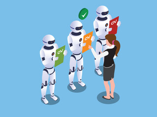 Isometric illustration depicting a human resources professional reviewing CVs held by three identical humanoid robots