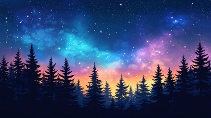 Fototapeta premium Vibrant Night Sky: Mystical Milky Way Over Pine Trees in Forest