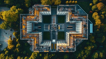 An aerial view of a hospital complex with multiple wings.