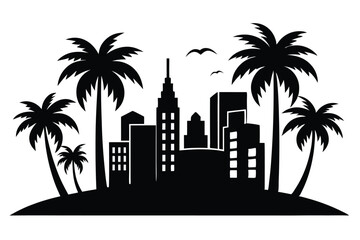 Obraz premium Black Silhouette Skyline with Palm Trees and Birds Icon, Transparent