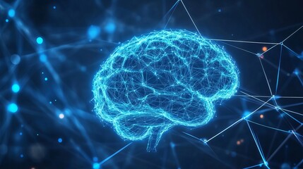 Illuminated digital brain made of blue lines representing artificial intelligence and neural networks.