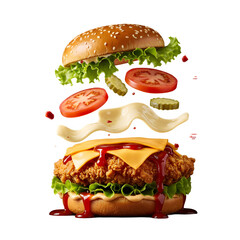 Crispy Chicken Burger isolated on transparent background, Tasty Fast Food Zinger burger PNG image, Crispy Chicken Burger with Fresh Ingredients and Sauce Splash