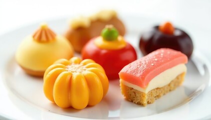 Assorted Japanese sweets, delicate pastries, white backdrop, food photography, photography, colorful