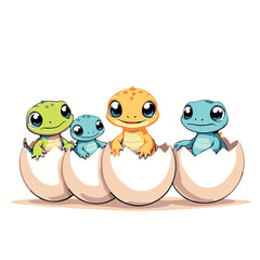 Four cute baby lizards hatching from eggs