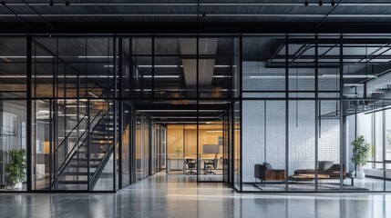 Modern Industrial Office Interior Design: Glass Partitions, Metal Staircase, and Open Workspace