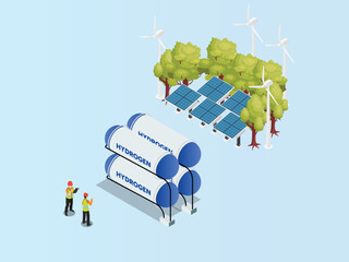 Green Hydrogen Production and Storage - 3D Isometric Illustration