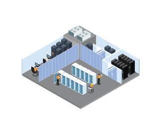 3D Isometric Data Center Floor Plan with Technicians