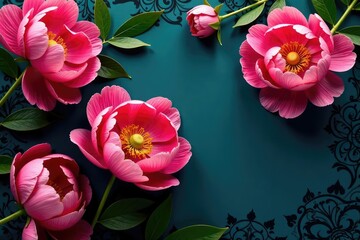 Bold, oversized peonies, rich jewel tones, damask-inspired layout, opulent, botanical