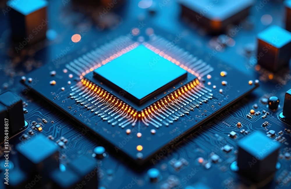 Poster high-tech computer processor chip on motherboard. modern technologies blue background. microprocesso