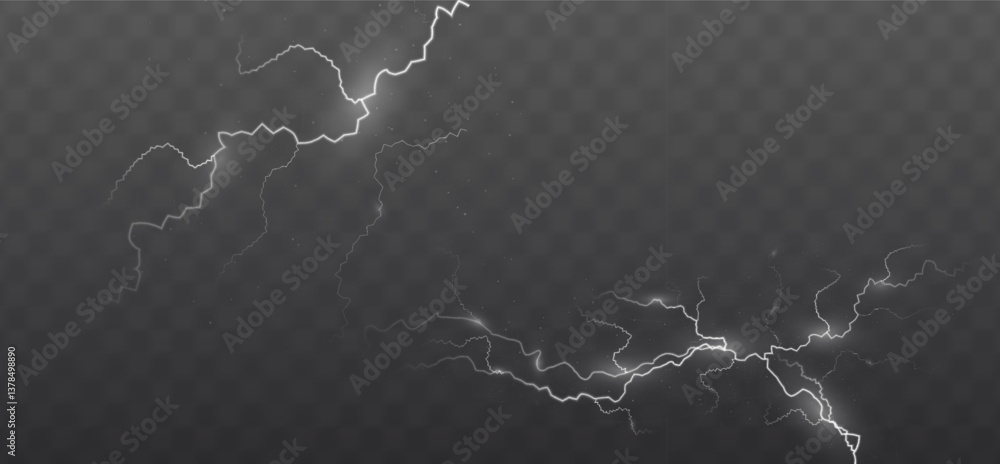 Poster realistic lightning bolt vector on a transparent background. bright electric flash with spark, energ