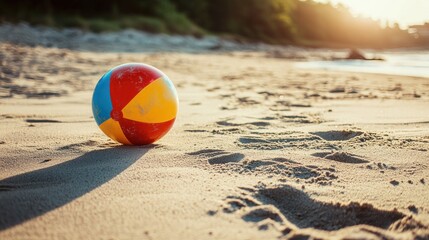 Obraz premium A close-up of a beach ball on the sand with footprints around it.