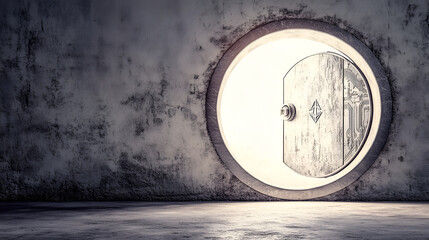 an opened circular door set in a weathered concrete wall, inviting viewers to explore the unknown beyond
