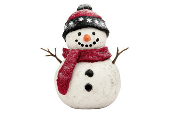 Smiling snowman with red scarf and black hat on a winter day, cut out