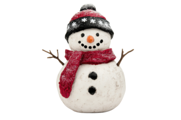 Smiling snowman with red scarf and black hat on a winter day, cut out