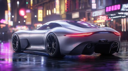 Fototapeta premium Explore Sleek Supercars Against Vibrant Cityscape in Nighttime Neon Lights - A Fusion of High-Performance Luxury and Cutting-Edge Urban Design
