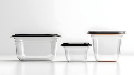 Three Clear Plastic Food Containers with Black Lids Sizes Small Medium Large