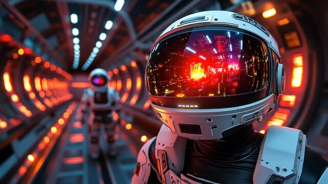 Futuristic robots in a spaceship corridor