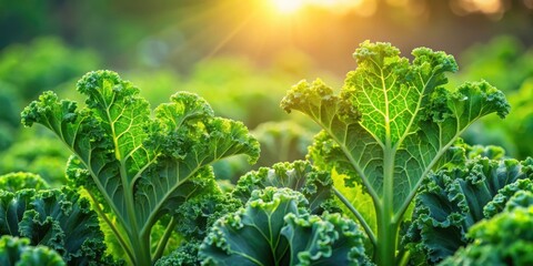 Emerald green kale leaves unfurl in a sunlit field, their delicate tendrils stretching towards the radiant sky, as if embracing the warmth and light , crops, emerald