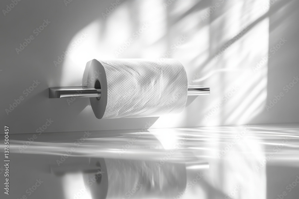 Poster white paper towel roll on dispenser with sunlight creating shadows in a modern bathroom