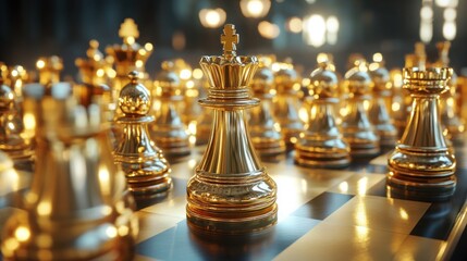 The gold queen chess set on board is located