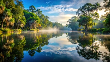 Fototapeta premium Serene lake waters reflect a misty veil, surrounded by lush greenery and towering trees in Overlook Park Seminole County Florida, misty atmosphere, park scenery