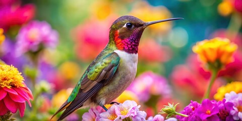Fototapeta premium Vibrant hummingbird perched on a delicate flower, surrounded by an assortment of colorful blooms in full bloom