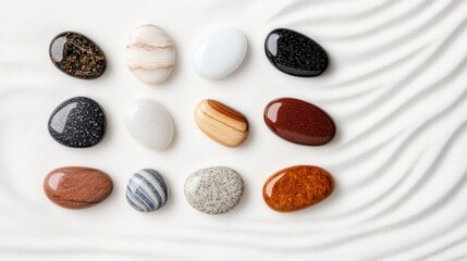 Polished Chakra Stones Displayed in a Zen Garden for Relaxation and Harmony